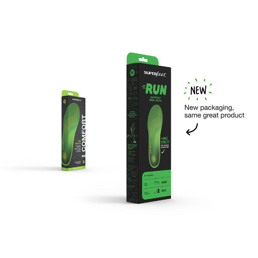 Packaging of Superfeet RUN Comfort insoles showing the insoles inside green and black boxes with the text 'New packaging, same great product'.