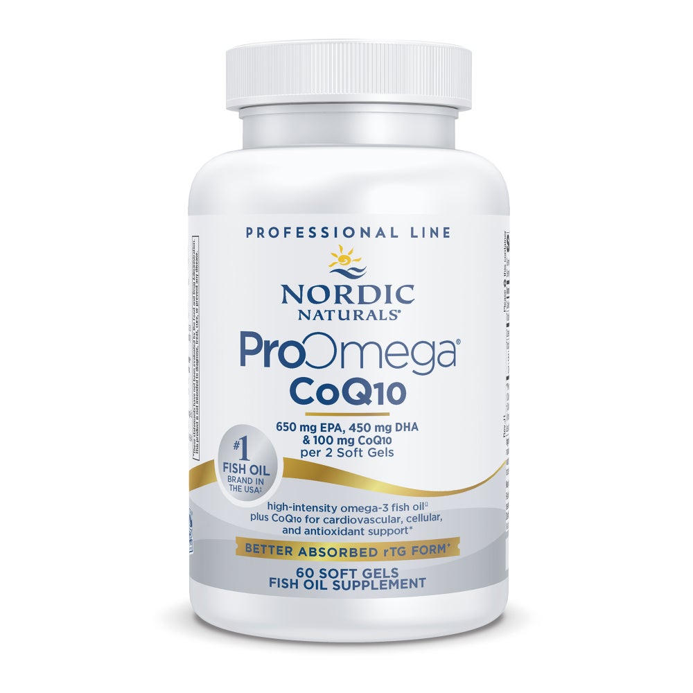 A bottle of Nordic Naturals ProOmega CoQ10 dietary supplement, featuring 650 EPA/450 DHA/100 CoQ for heart and neurological health.