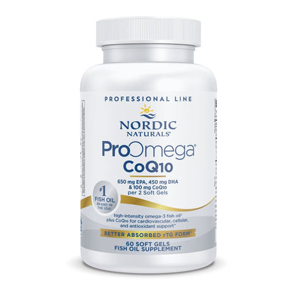 A bottle of Nordic Naturals ProOmega CoQ10 dietary supplement, featuring 650 EPA/450 DHA/100 CoQ for heart and neurological health.