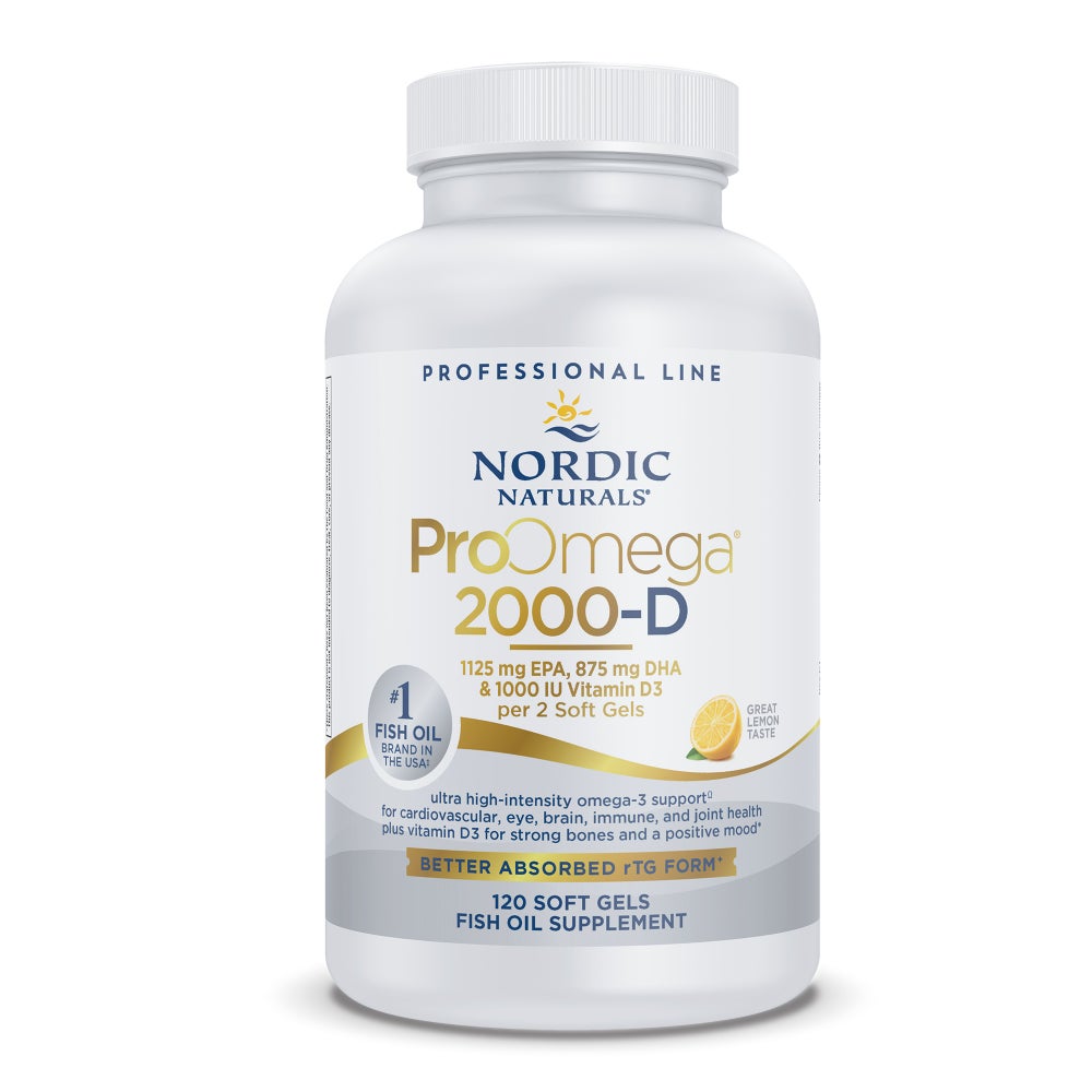 A bottle of Nordic Naturals ProOmega 2000-D, which is a fish oil supplement with added vitamin D3 for various health benefits.