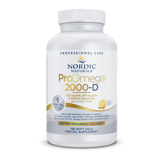 A bottle of Nordic Naturals ProOmega 2000-D, which is a fish oil supplement with added vitamin D3 for various health benefits.