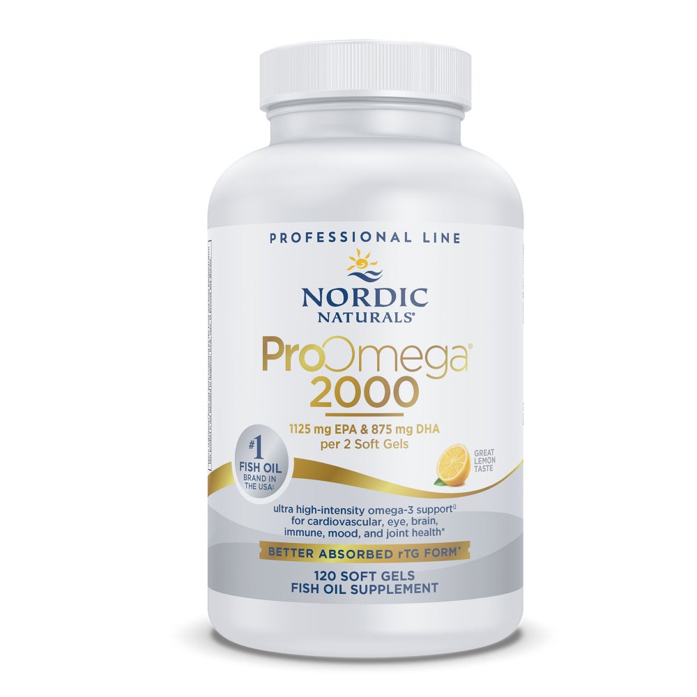 A bottle of Nordic Naturals ProOmega 2000, which contains fish oil softgels for cardiovascular, neurological, and immune health.
