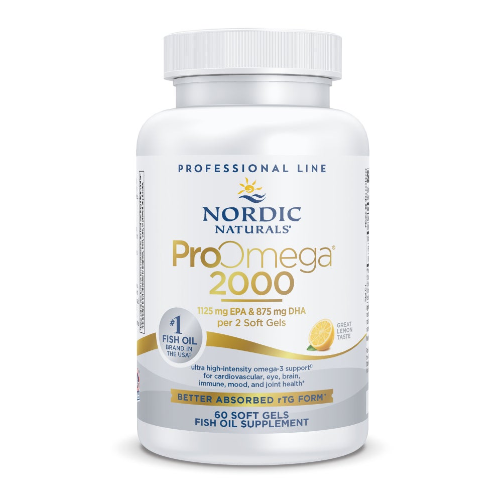 A bottle of Nordic Naturals ProOmega 2000, which contains fish oil softgels for cardiovascular, neurological, and immune health.