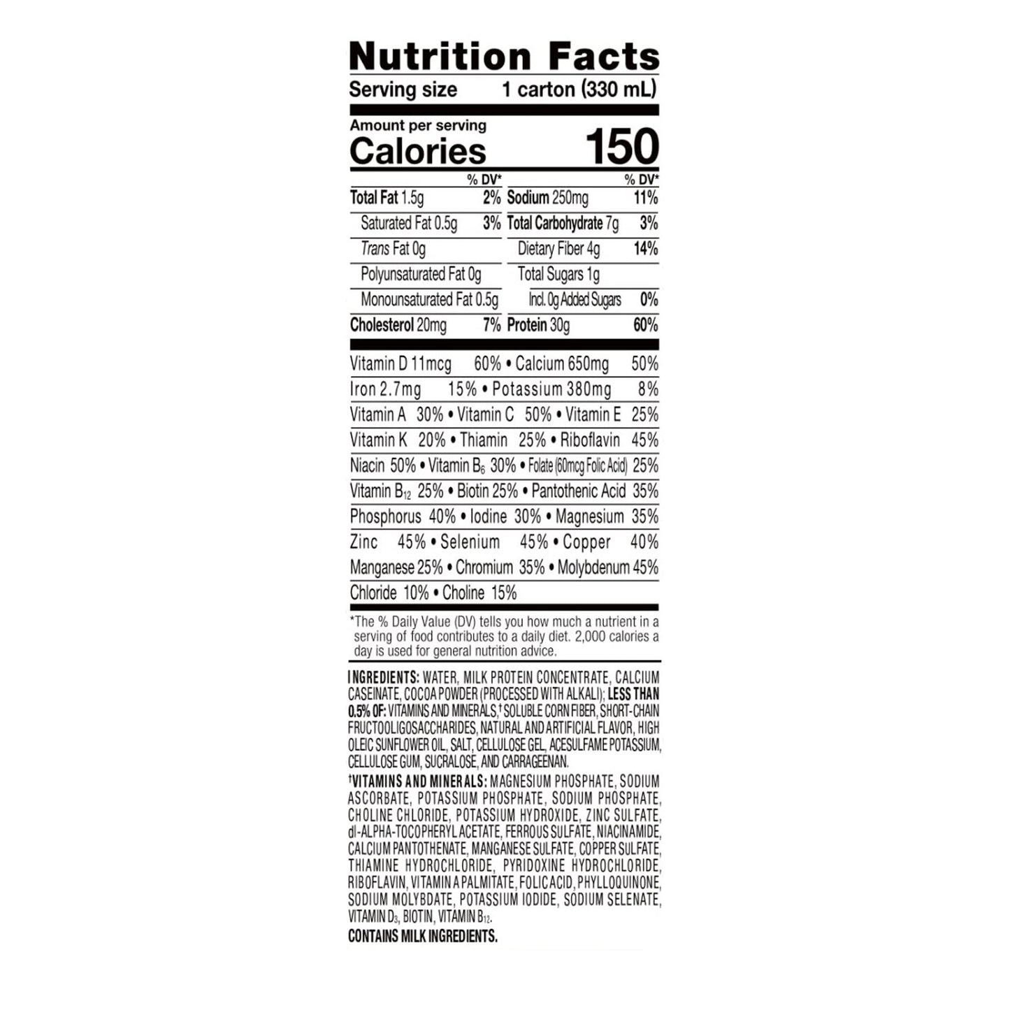 Nutrition facts label for a carton of milk on a white background