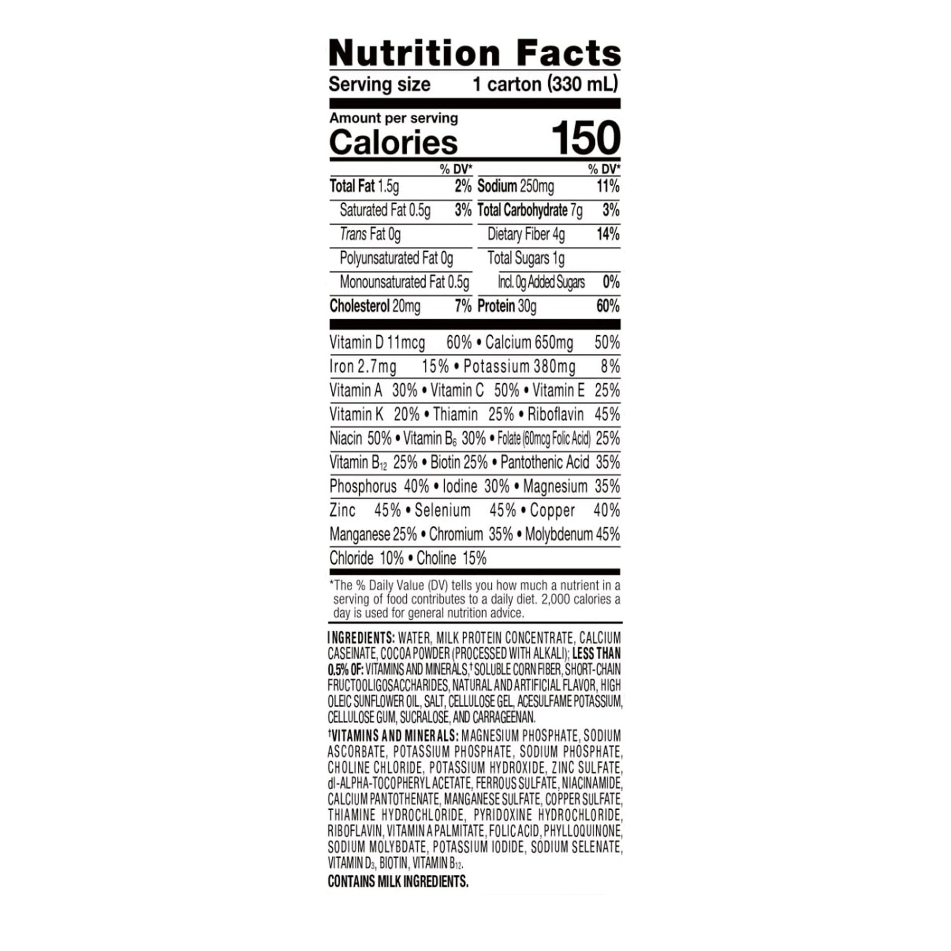 Nutrition facts label for a carton of milk on a white background