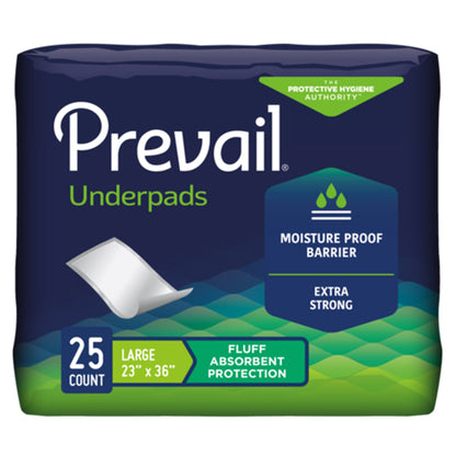 Package of Prevail underpads with text on a white background
