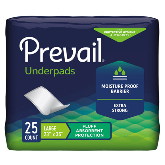Package of Prevail underpads with text on a white background