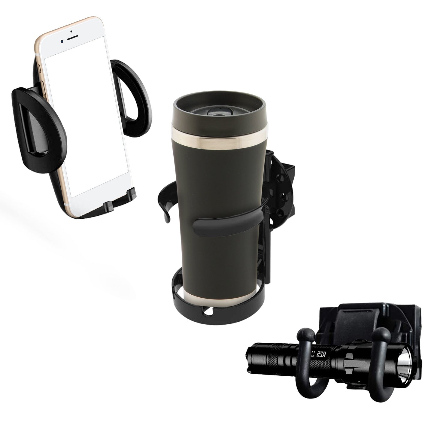 Phone holder, travel mug, and bike mount on a white background