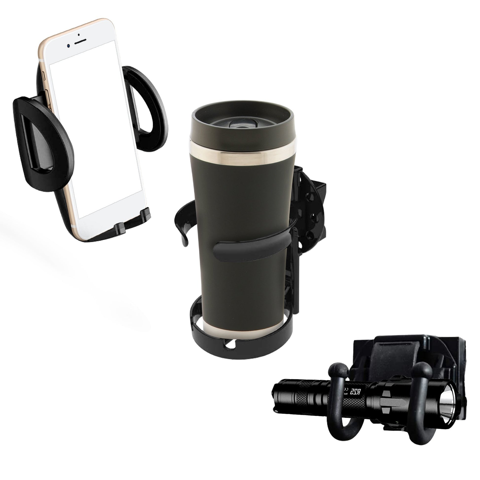 Phone holder, travel mug, and bike mount on a white background