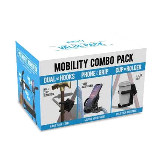 Mobility combo pack with dual hooks, phone grip, and cup holder on a white background