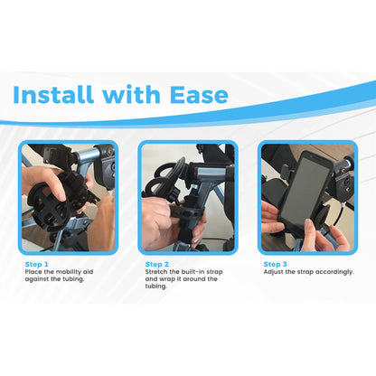 Step-by-step installation guide for a mobility aid with text and images.