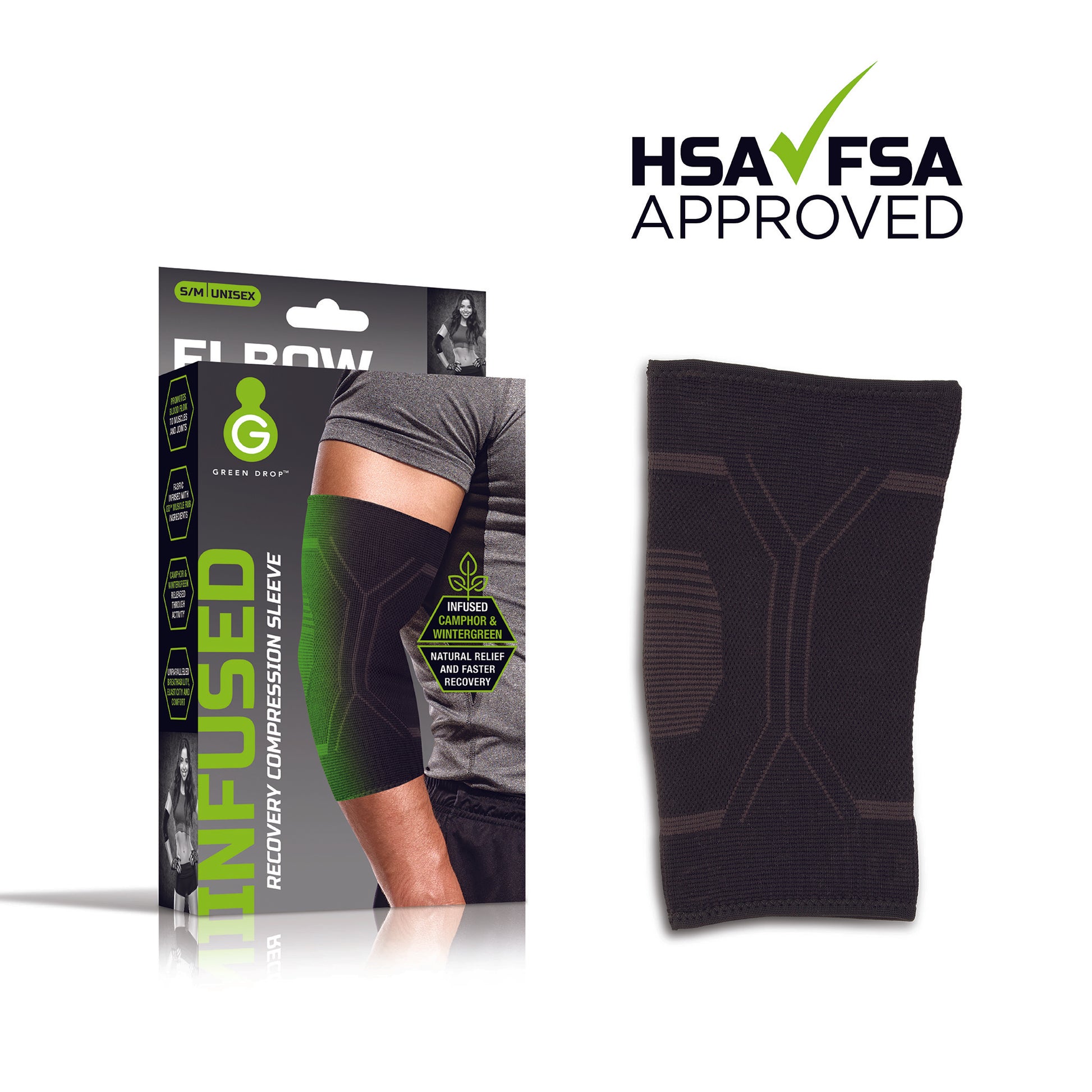 Black compression sleeve with packaging and 'HSA/FSA Approved' label on a white background