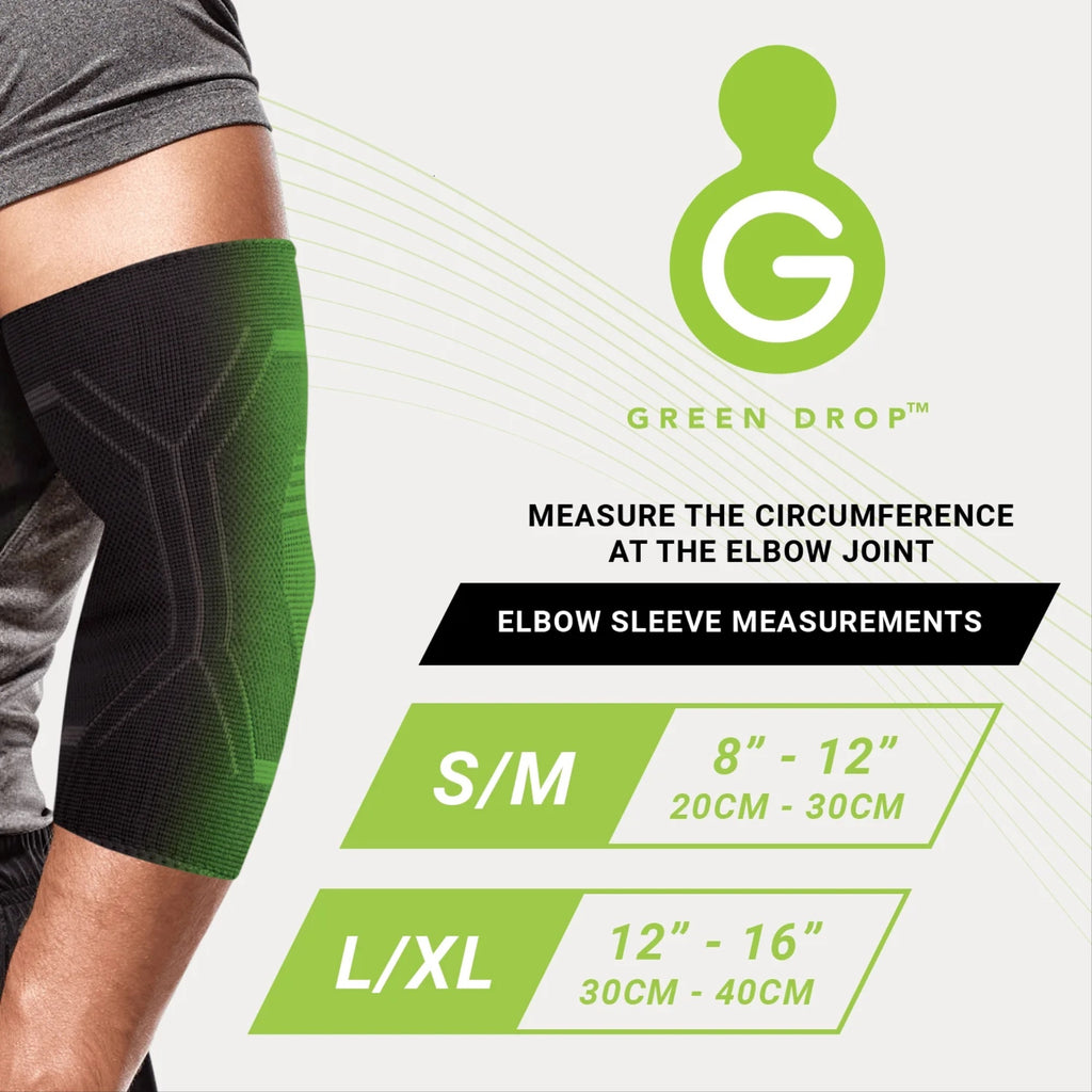 Elbow sleeve with Green Drop branding and measurement guide on a white background