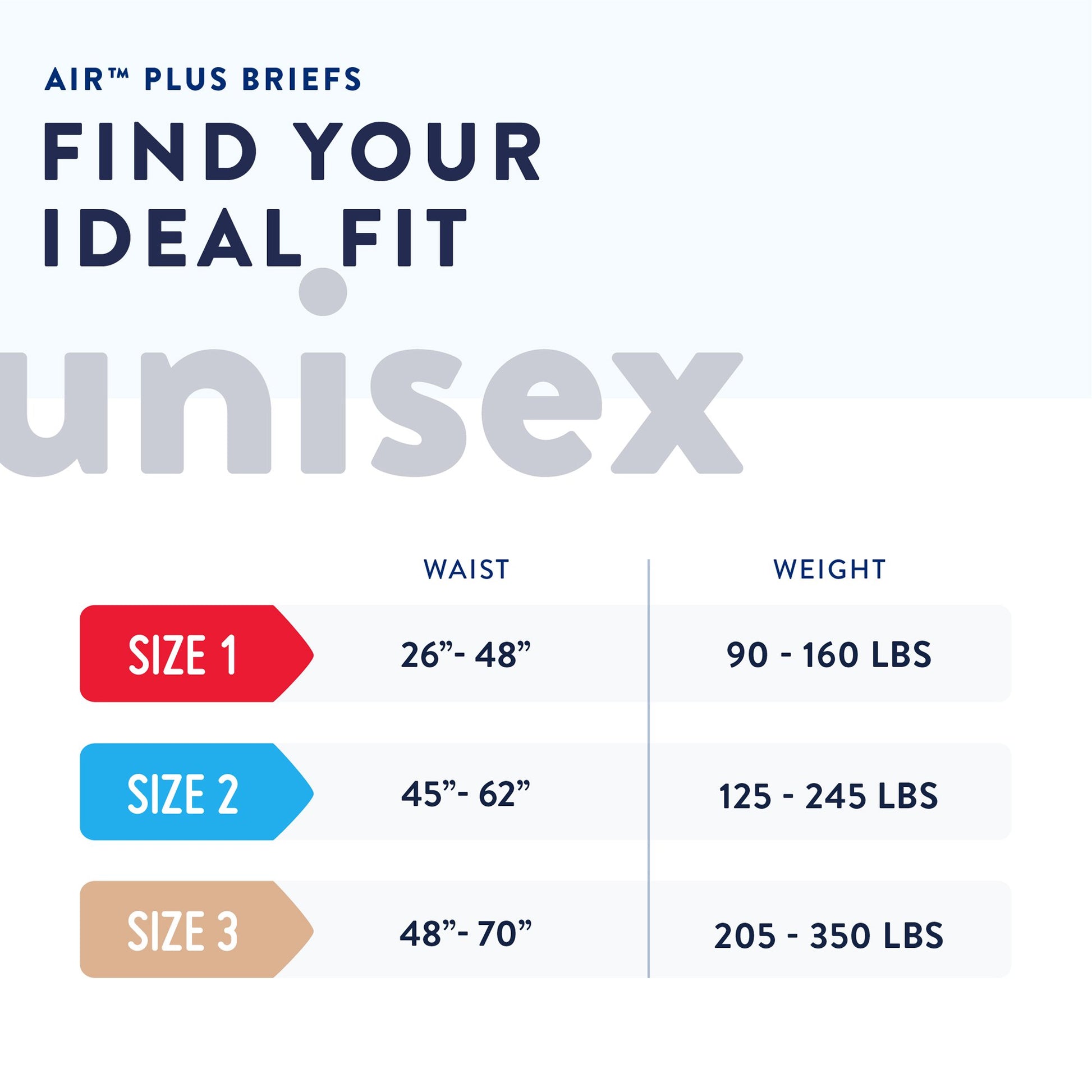 Unisex underwear size chart with waist and weight ranges for different sizes.