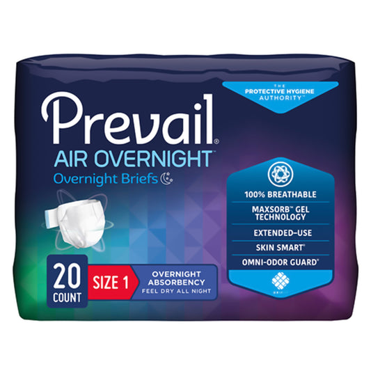 Package of Prevail Air Overnight briefs with blue and purple design on a white background