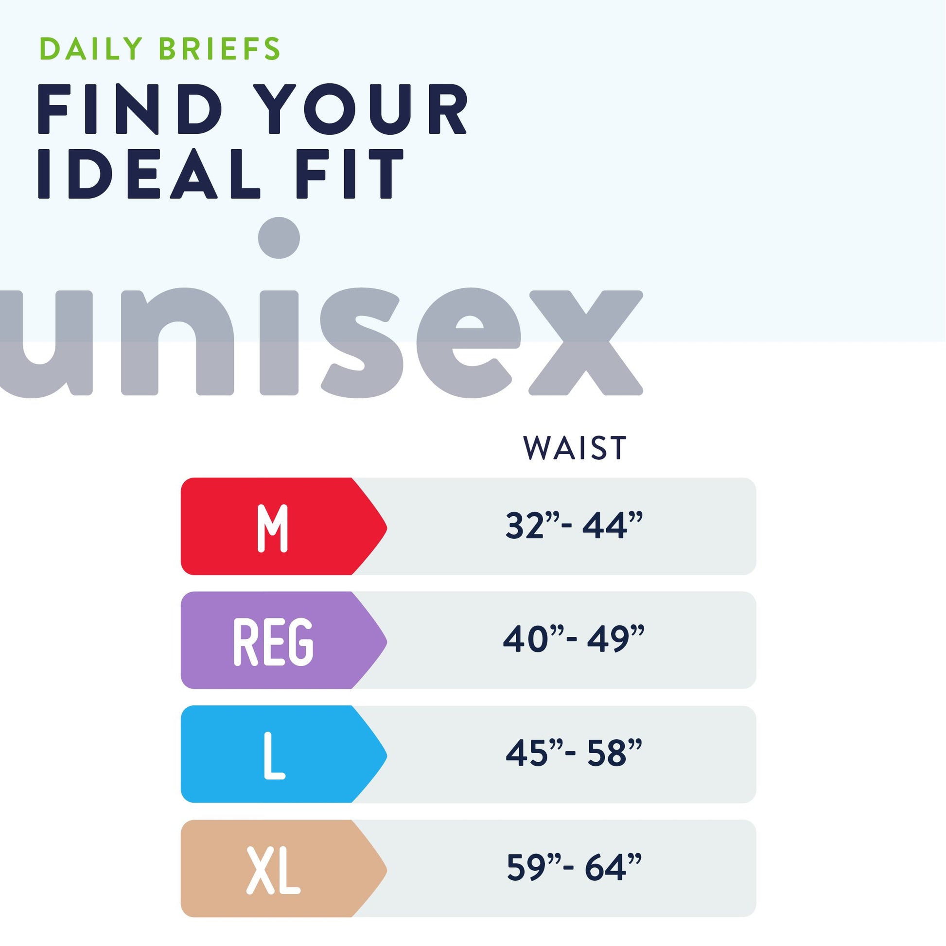 Unisex daily brief size chart with waist measurements