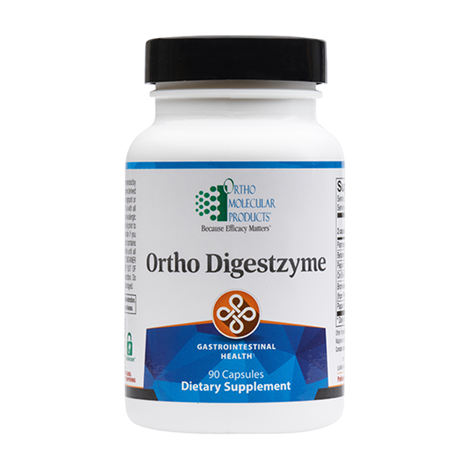 A bottle of Ortho Digestzyme dietary supplement by Ortho Molecular Products.