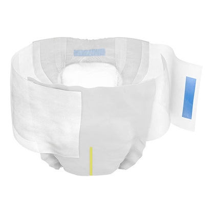 White diaper with blue labels on a white background