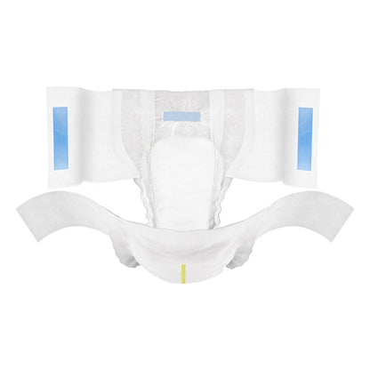 White diaper with blue and yellow accents on a white background