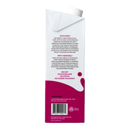 Back of a VidaFuel protein shake container with text and branding.