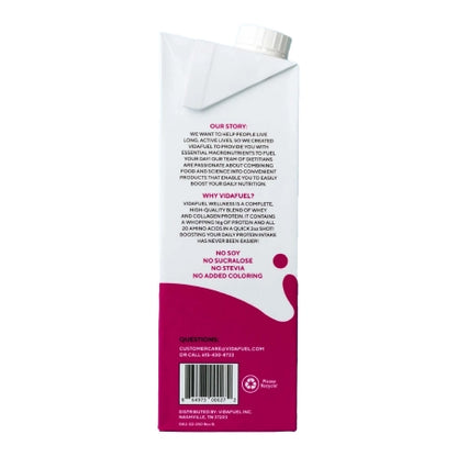 Back of a VidaFuel protein shake container with text and branding.