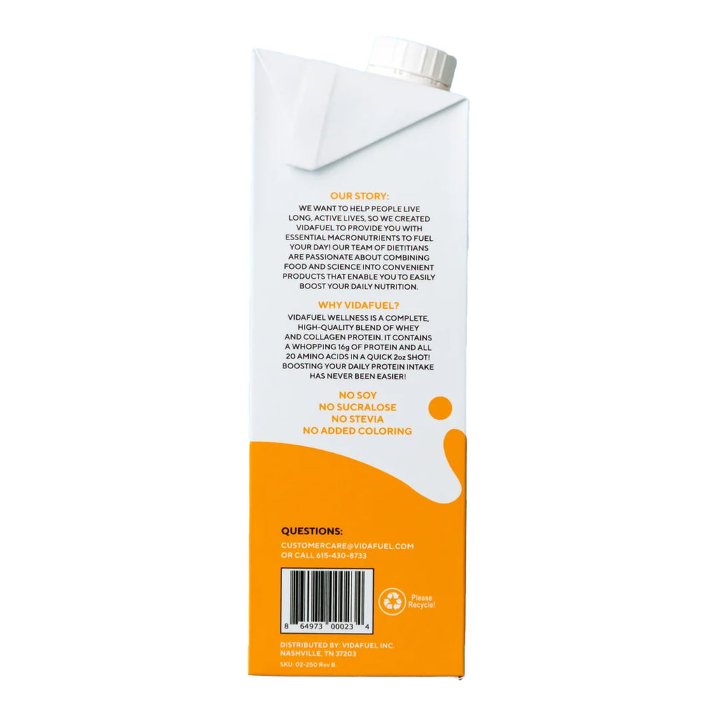 Back view of a protein powder carton with text and branding on a white background