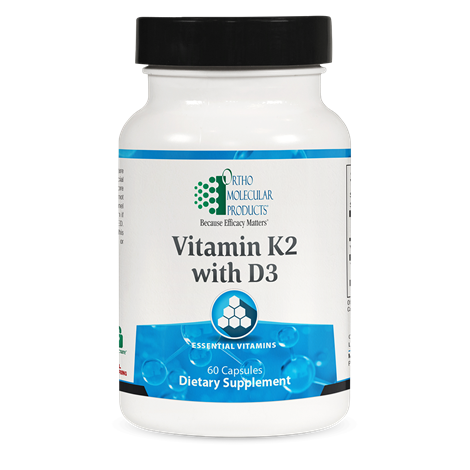 A bottle of OrthoMolecular Products Vitamin K2 with D3 dietary supplement containing 60 capsules.