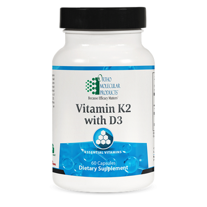 A bottle of OrthoMolecular Products Vitamin K2 with D3 dietary supplement containing 60 capsules.