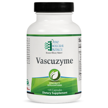 A bottle of OrthoMolecular Products Vascuzyme dietary supplement with green and white label, indicating it contains 120 capsules.