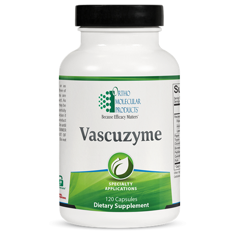 A bottle of OrthoMolecular Products Vascuzyme dietary supplement with green and white label, indicating it contains 120 capsules.