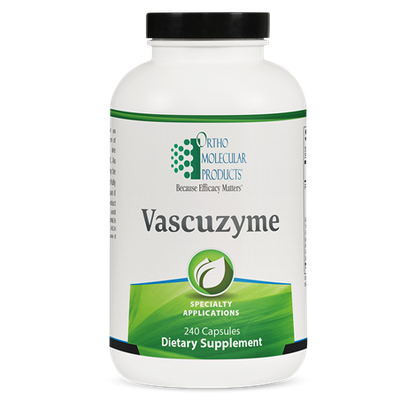 A bottle of OrthoMolecular Products Vascuzyme dietary supplement with green and white label, indicating it contains 240 capsules.