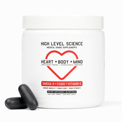 Supplement container labeled 'High Level Science' with two black capsules on a white background. Contains COQ10, Vitamin D, and Vitamin E