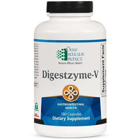 A bottle of OrthoMolecular Products Digestzyme-V dietary supplement with 180 capsules for gastrointestinal health.