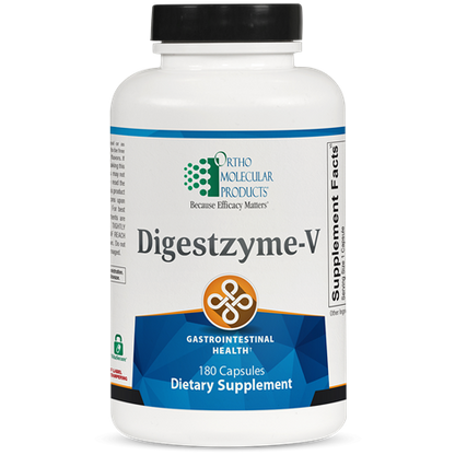 A bottle of OrthoMolecular Products Digestzyme-V dietary supplement with 180 capsules for gastrointestinal health.