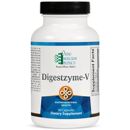A bottle of OrthoMolecular Products Digestzyme-V dietary supplement with 90 capsules for gastrointestinal health.
