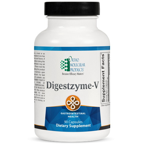 A bottle of OrthoMolecular Products Digestzyme-V dietary supplement with 90 capsules for gastrointestinal health.