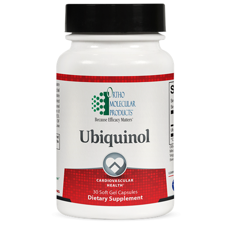 A bottle of Orthomolecular Products Ubiquinol dietary supplement with 30 soft gel capsules, indicating support for cardiovascular health.