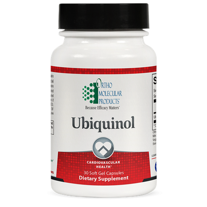 A bottle of Orthomolecular Products Ubiquinol dietary supplement with 30 soft gel capsules, indicating support for cardiovascular health.