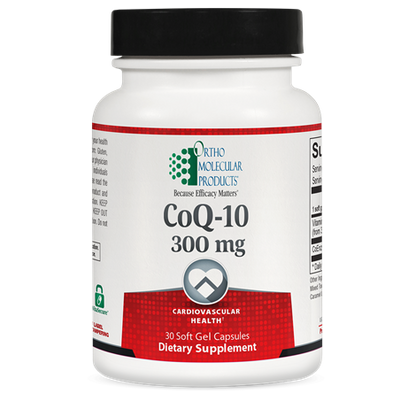 A bottle of OrthoMolecular Products CoQ-10 300 MG dietary supplement containing 30 soft gel capsules.