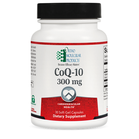 A bottle of OrthoMolecular Products CoQ-10 300 MG dietary supplement containing 30 soft gel capsules.