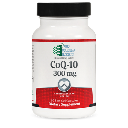 A bottle of OrthoMolecular Products CoQ-10 300 MG dietary supplement containing 60 soft gel capsules.