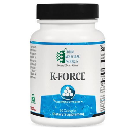 A bottle of OrthoMolecular Products K-FORCE dietary supplement with 60 capsules, primarily white in color with blue and green text and graphics.