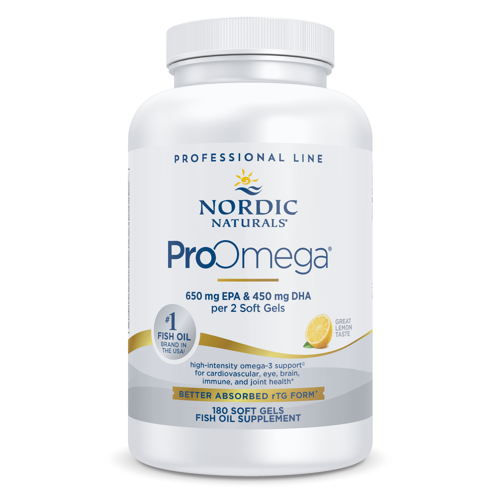 A bottle of Nordic Naturals ProOmega supplements with 180 softgels for cardiovascular, neurological, eye, joint, and immune health.