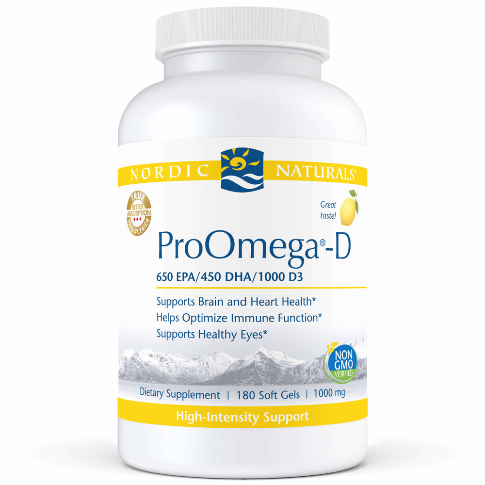 A bottle of Nordic Naturals ProOmega-D supplement, which contains a combination of omega-3 fatty acids and vitamin D3 for various health supports, including cardiovascular, neurological, and immune health.