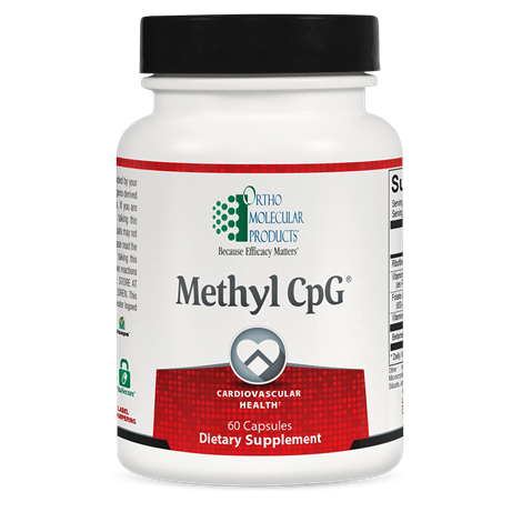 A bottle of OrthoMolecular Products Methyl CpG dietary supplement with 60 capsules, emphasizing cardiovascular health.