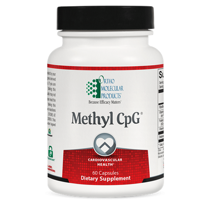 A bottle of OrthoMolecular Products Methyl CpG dietary supplement with 60 capsules, emphasizing cardiovascular health.