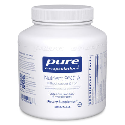 A white bottle of Pure Encapsulations Nutrient 950 A without copper & iron dietary supplement, containing 180 capsules.