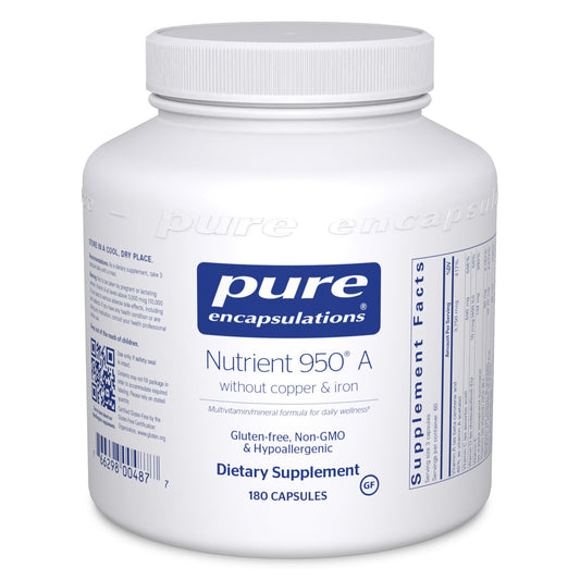 A white bottle of Pure Encapsulations Nutrient 950 A without copper & iron dietary supplement, containing 180 capsules.