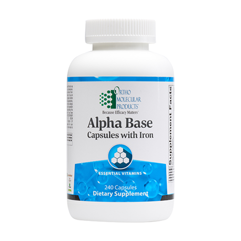 A bottle of OrthoMolecular Products Alpha Base Capsules with Iron, containing 240 capsules, as a dietary supplement.