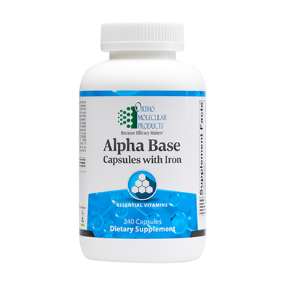 A bottle of OrthoMolecular Products Alpha Base Capsules with Iron, containing 240 capsules, as a dietary supplement.